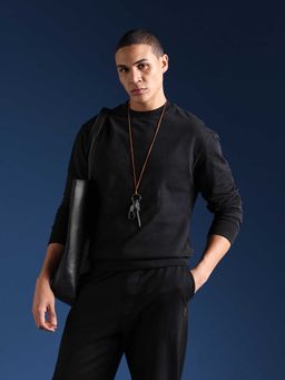 The Bear House - Black Solid Cotton Relaxed Sweatshirt