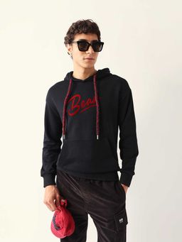 The Bear House - Black Printed Cotton Relaxed Hoodie