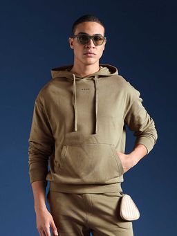 The Bear House - Olive Solid Cotton Relaxed Hoodie