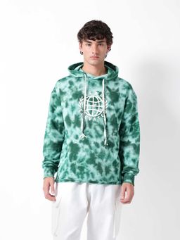 The Bear House - Green Printed Cotton Relaxed Hoodie
