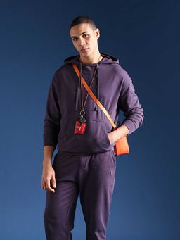 The Bear House - Purple Solid Cotton Relaxed Hoodie