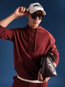 The Bear House - Maroon Solid Cotton Relaxed Hoodie