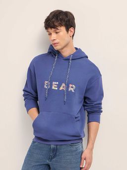 The Bear House - Blue Solid Cotton Relaxed Hoodie