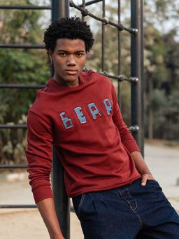 The Bear House - Rust Self Design Cotton Relaxed Sweatshirt