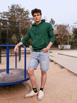 The Bear House - Green Solid Cotton Relaxed Hoodie