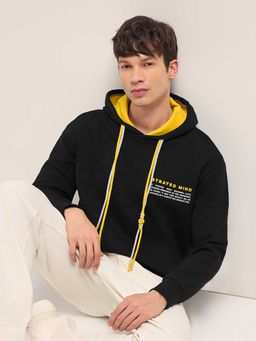 The Bear House - Black Printed Cotton Relaxed Hoodie