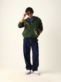 The Bear House - Green Embroidered Cotton Relaxed Jacket Hoodie