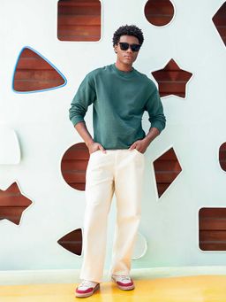 The Bear House - Green Self Design Cotton Relaxed Sweatshirt