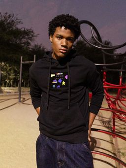The Bear House - Black Printed Cotton Relaxed Hoodie