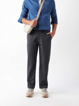 The Bear House - Grey Solid Polyester Straight Trouser