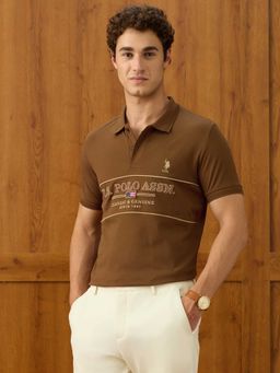 U.S. POLO ASSN. - Brown Printed Cotton Slim Polo T-Shirt