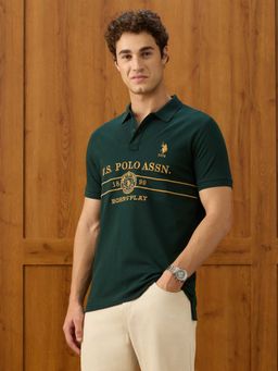 U.S. POLO ASSN. - Green Printed Cotton Slim Polo T-Shirt