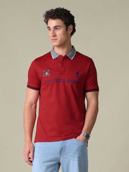 U.S. POLO ASSN. - Red Printed Cotton Regular Polo T-Shirt