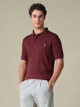 U.S. POLO ASSN. - Red Solid Cotton Regular Polo T-Shirt