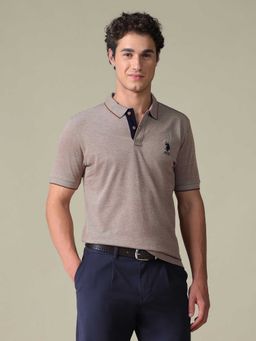 U.S. POLO ASSN. - Brown Self Design Cotton Regular Polo T-Shirt