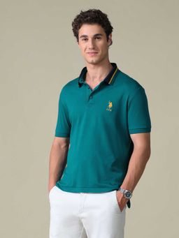 U.S. POLO ASSN. - Green Solid Cotton Regular Polo T-Shirt