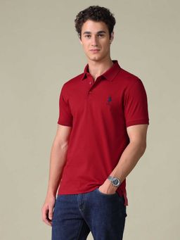 U.S. POLO ASSN. - Red Solid Cotton Regular Polo T-Shirt