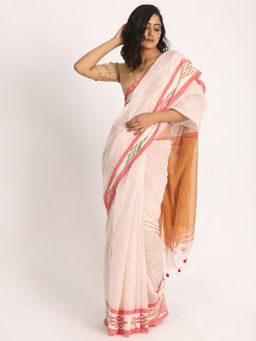 Angoshobha - Kotki Border White Cotton Blended Handloom Saree with Unstitched Blouse