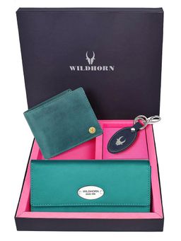 WILDHORN - Premium Leather Ladies Wallet, Mens Wallet and Keychain Gift -1K_TE_2052BLH_K (Set of 3)
