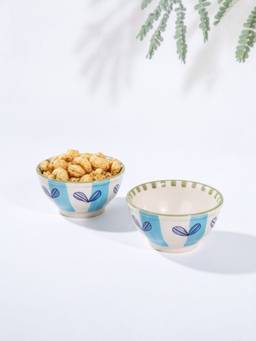 Freedom Tree - Semanae Blue and Green Hand Painted Ceramic Snack Bowl (Set Of 2)