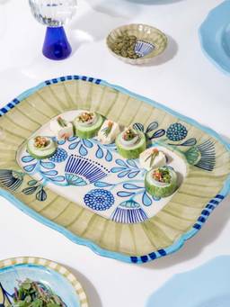 Freedom Tree - Semanae Blue and Green Hand Painted Ceramic Rectangular Platter