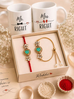 VIRAASI - Sea Green Bhaiya Bhabhi Rakhi Paired With Matching Mug Set