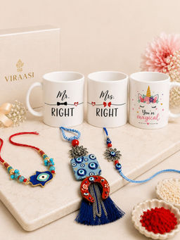 VIRAASI - Couple Rakhi And Kids Rakhi With Three Matching Mugs Blue