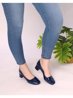 T.ELEVEN - Navy Square Toe Pumps Block Heels-Navy Blue