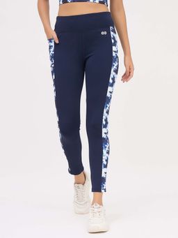 Clovia - Navy Blue High Rise with Side Marble Print Panels Active Tights