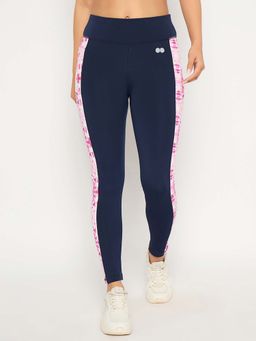 Clovia - Navy Blue High Rise with Side Marble Print Panels Active Tights