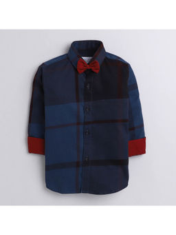 Polka Tots - Kids Cotton Full Sleeve Checks Print Red Bow Tie Shirt - Blue (Set of 2)