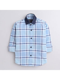 Polka Tots - Kids Cotton Full Sleeve Checks Print Denim Collar Shirt - Blue