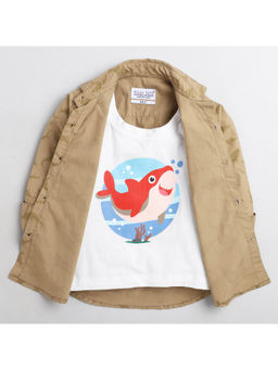 Polka Tots - Kids Cotton Full Sleeve Print Shirt with Attached T-Shirt - Brown