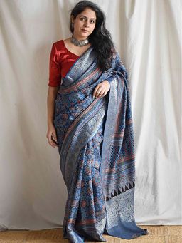 Sundarii - Mutiyaar - Ajrakh Dola Blue Silk Zari Pallu Saree Without Blouse