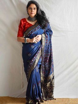 Sundarii - Blue Love - Ajrakh Dola Silk Zari Pallu Saree Without Blouse