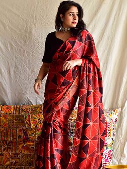 Sundarii - Dark Mode - Ajrakh Mashru Silk Saree Without Blouse
