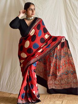 Sundarii - Moon Stone - Ajrakh Red Modal Silk Saree Without Blouse