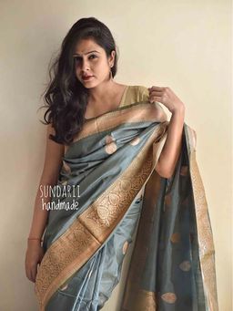 Sundarii - Teal Grey Banarasi Handwoven Silk Saree Without Blouse