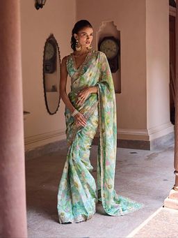 DOHR INDIA - Adira Turquoise Floral Printed Luxe Organza Saree With Stitched Blouse