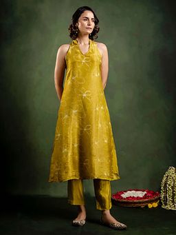 EKOHUM - Mustard Shimmer Crepe Halter Neck Yellow Kurta And Pant Co-Ord Set