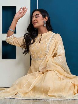 EKOHUM - Butter Yellow Chanderi Thread Aari Embroidered Kalidaar Kurta With Pant And Dupatta