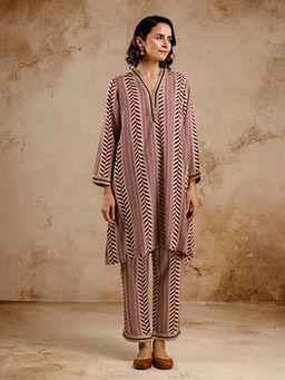 EKOHUM - Wine Modal Co-Ord Set With Zari Lace On Neck And Sleeves