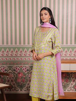 EKOHUM - Green Printed Muslin Kurta Pant With Dupatta