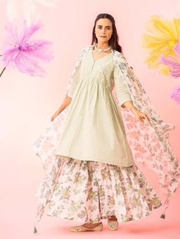 EKOHUM - Pastel Green Cotton Kurta Sharara Dupatta Set