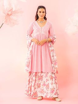 EKOHUM - Pastel Pink Cotton Kurta Sharara Dupatta Set