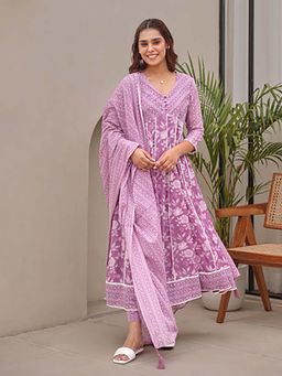EKOHUM - Lavender Floral Printed Mulmul Kurta Pant With Dupatta
