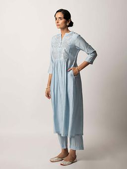EKOHUM - Sky Blue Gathered A-Line Kurta Pant Set