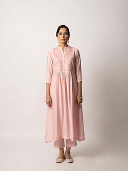 EKOHUM - Light Pink Gathered A-Line Kurta Pant Set