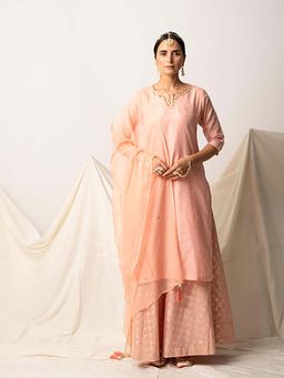 EKOHUM - Peach Silk Chanderi Kurta Skirt With Doriya Dupatta