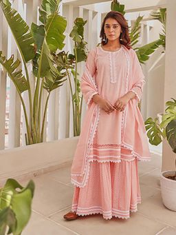 EKOHUM - Pink Printed Cotton Lace Work Kurta , Sharara With Organza Dupatta